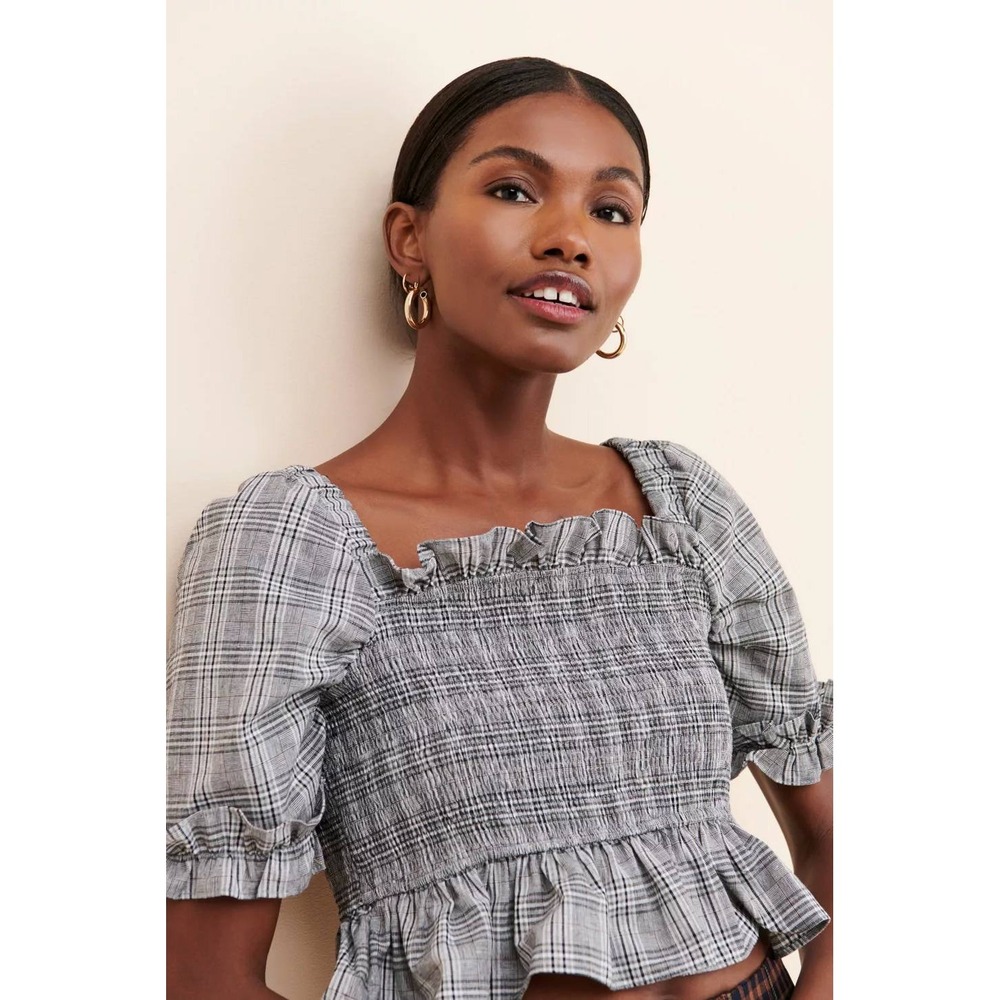 Anthropologie English Factory Smocked Plaid Puff Sleeve Peplum Top XS Gingham